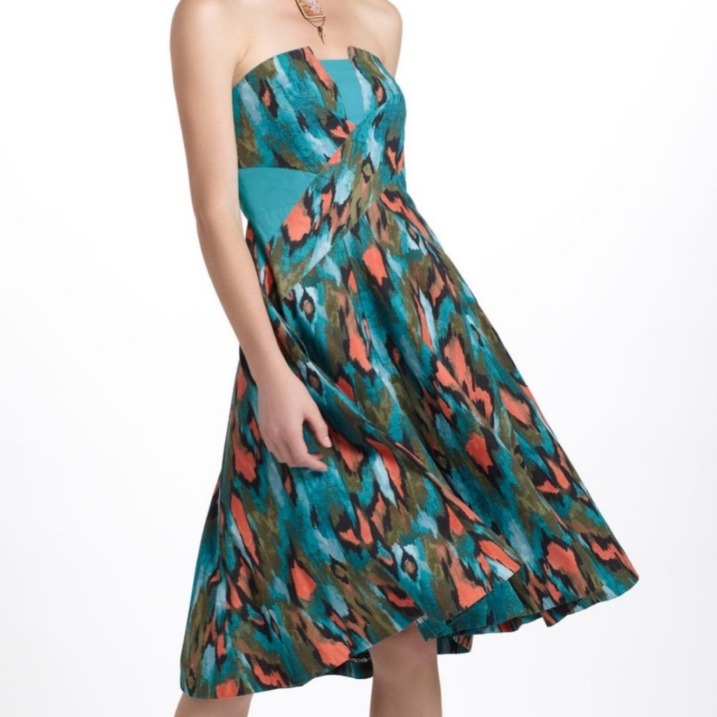 Anthropologie Girls From Savoy Painted Ikat Strapless Swing Dress Pockets Sz 8
